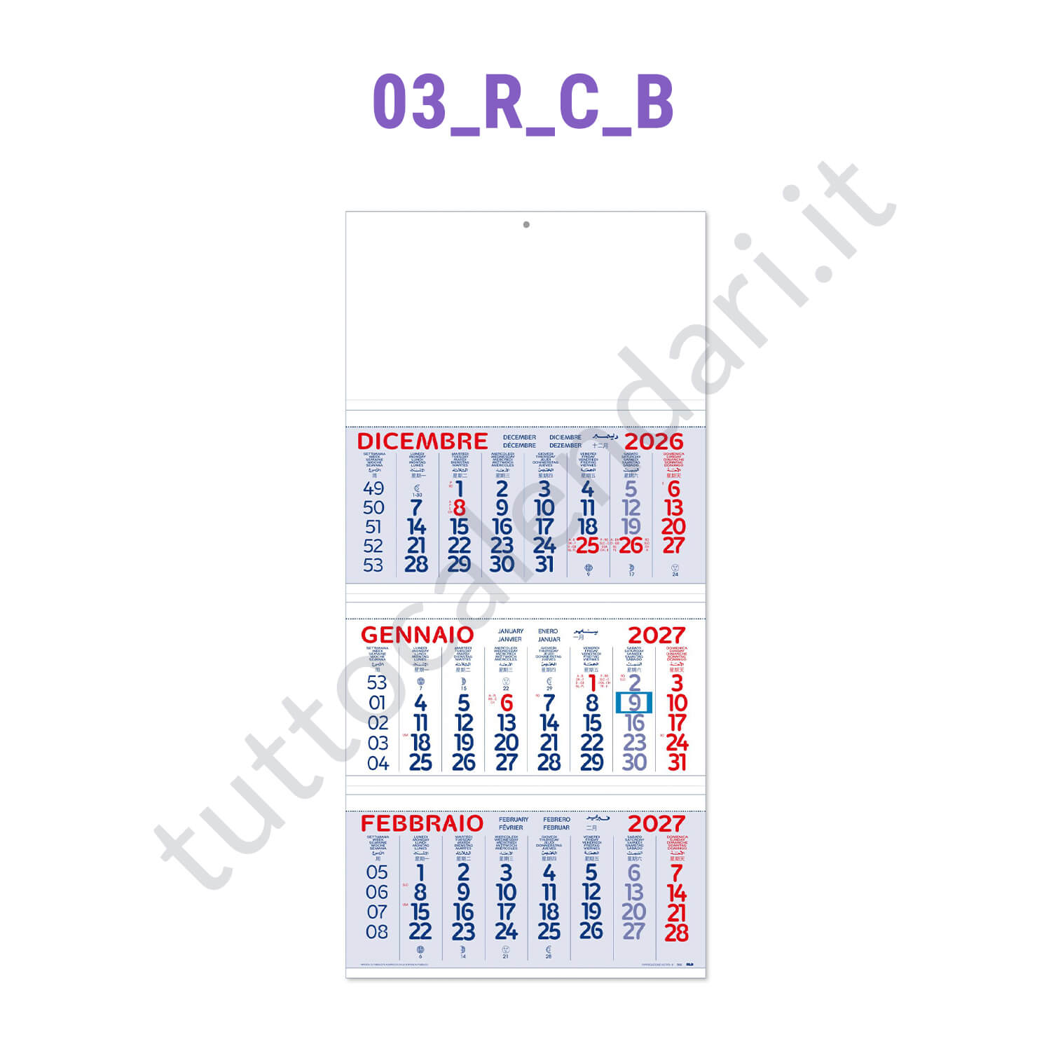 Calendario trittico da parete cordonato e incollato rosso/blu Stampa calendario trittico da muro
